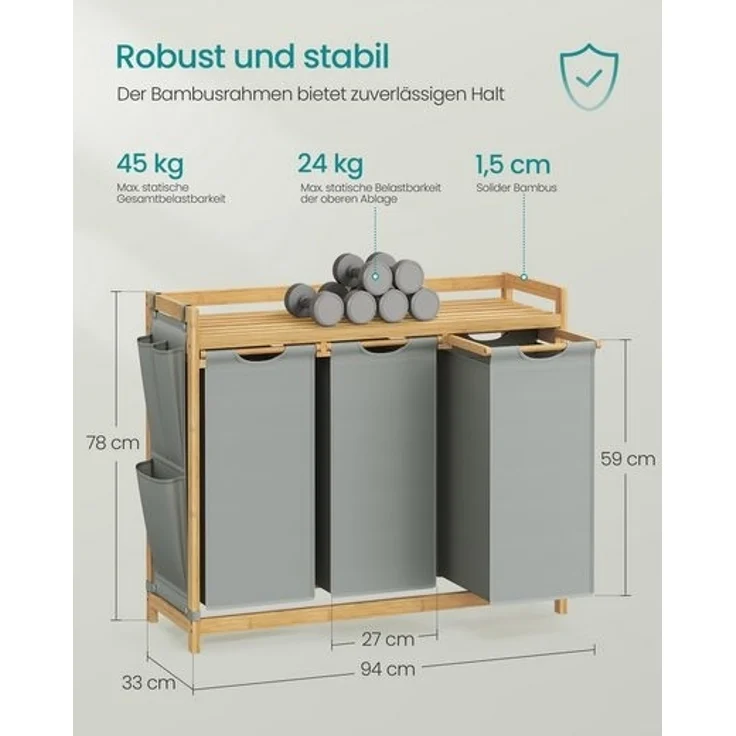 SONGMICS Wäschekorb, 3 Fächer, Bambus, 150 L, mit Ablage, kleine seitliche Taschen, 3 x 50 L, taubengrau, 94 x 33 x 78 cm – Bild 4