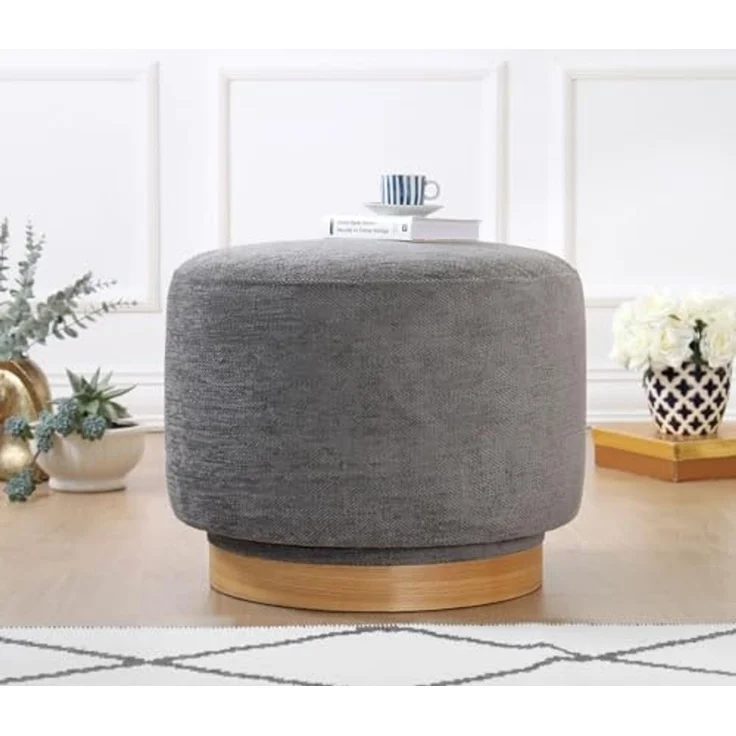 Atelier Del Sofa Stylish Grey Pouffe, 100% Cotton, 360° Rotatable, 6 cm Sponge, Oak Wood Legs, 55 x 55 x 43 cm | Perfect for Modern Living Rooms & Bedrooms – Bild 1