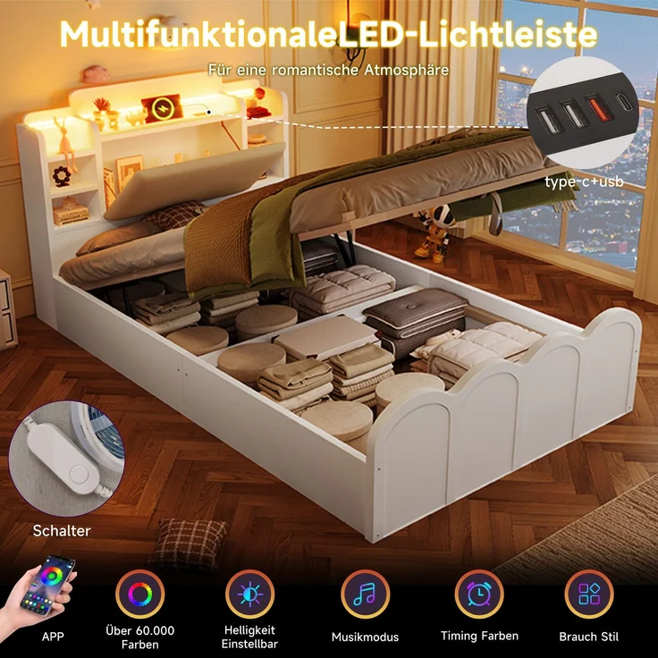 Holzbett mit RGB LED-Streifen, Stauraum, Lattenrost, Kopfteil mit Polsterung, Regal, USB, Type-C, 90x200cm, Einzelbett, Stauraumbett, Jugendbett – Bild 5
