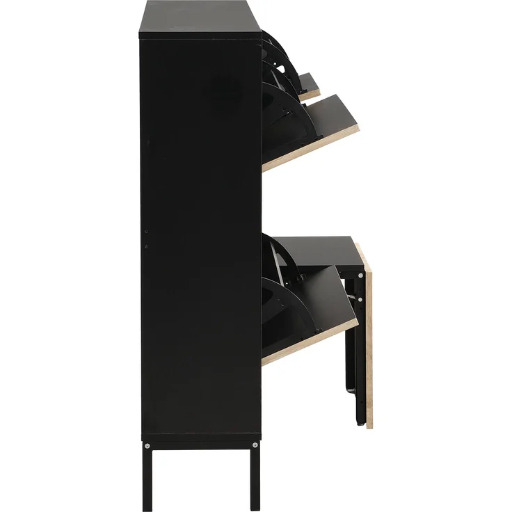 ZUBALIYA Schuhschrank (100 x 25 x 100 cm), 3 Klappfächer, Offener Stauraum, Stauraum für Flur und Eingangsbereich, Schwarz / Naturfarben – Bild 17