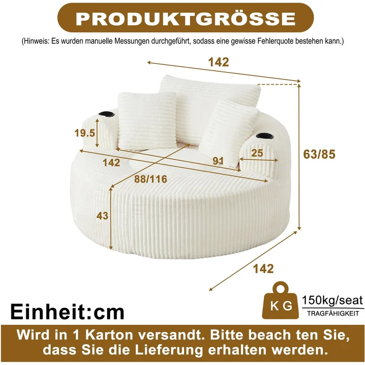 Rundes Loungesofa aus Cord, Einzelsitz Sitzsack Liegestuhl mit 3 Kissen, 2 Getränkehaltern, Seitenaufbewahrung, Rutschfest, Bequemes Relaxsofa für Wohnzimmer Schlafzimmer--Beige--146x29x32cm--YOUDENOVA – Bild 2