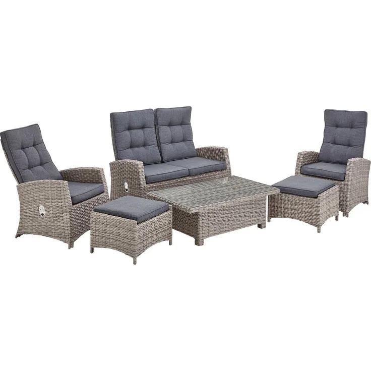 KONIFERA Gartenlounge-Set Monaco, (Set, 16-tlg, 2x Sessel, 1x2er Sofa, 2x Hocker, 1x Tisch 120x70x43,5-66,5 cm), höhenverstellbarer Tisch, inkl. Auflagen, Grau, Aluminium, Polyrattan