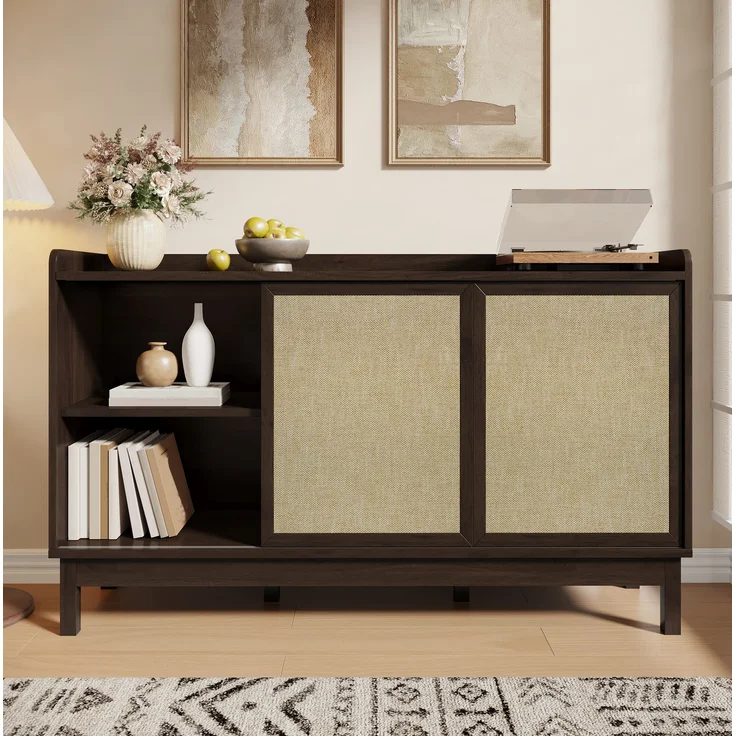 DESVIAE Sideboard mit Schiebetüren und 2 Schubladen 150x80x39,5 cm Spanplatte Natur – Bild 1