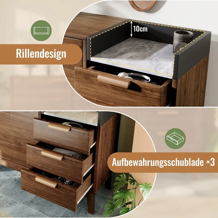 Merax Wohnzimmer Kommode mit Marmor-Optik Platte - Offene Ablage + 3 Schubladen & Doppeltürschrank (innen höhenverstellbar) - Massivholzbeine & kehrroboterfähig, H77/B120/T40 cm – Bild 6