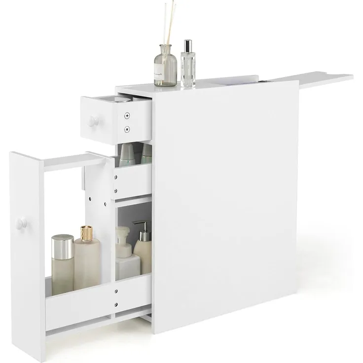 COSTWAY Nischenregal mit Schubladen, schmaler Nischenschrank aus Holz, Badschrank, Badregal, Seitenschrank, Küchenschrank, Mehrzweckschrank für Bad, Küche, Wohnzimmer, 16 x 48 x 58 cm (Weiß)