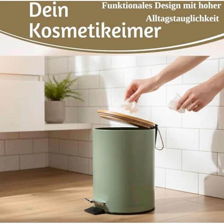 LS-LebenStil Tretmülleimer 3L, Rund in Matt Grün mit Softclose Holz Deckel, Fußpedal Kosmetikeimer für Bad und Küche – Bild 5