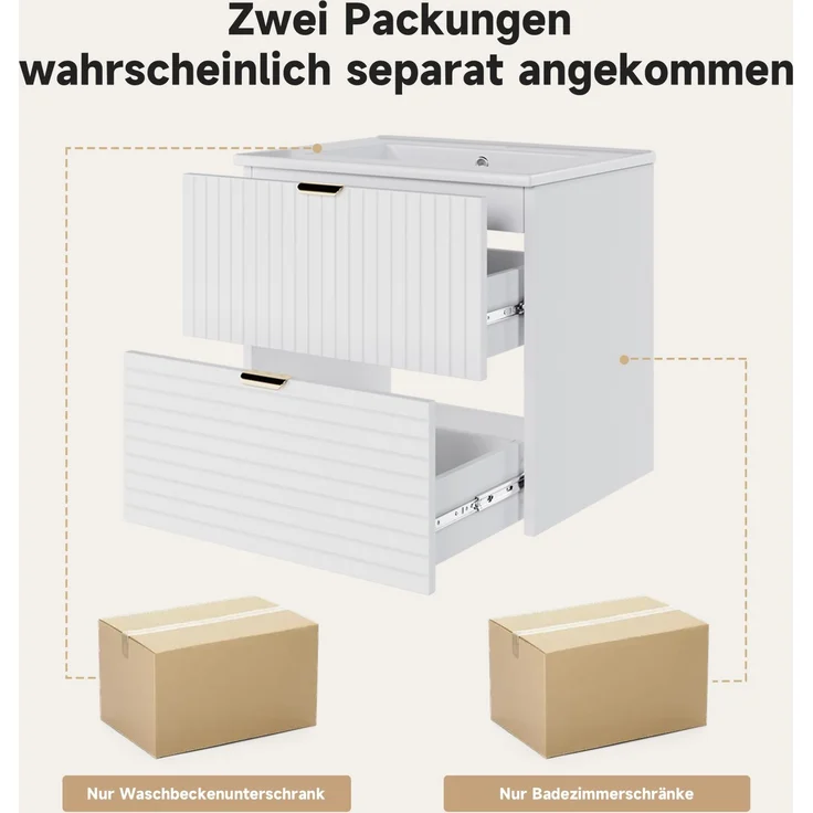 Wandhängender Waschtisch 61x46x57 cm mit Keramikbecken und zwei Schubladen, Weiß – Bild 7