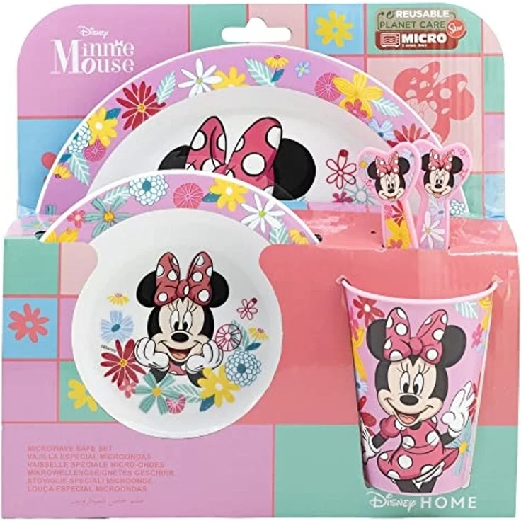 Kunststoff Kindergeschirr Set Motiv (5 tlg.) Schüssel, Teller, Becher & Besteck Minnie Mouse – Bild 2