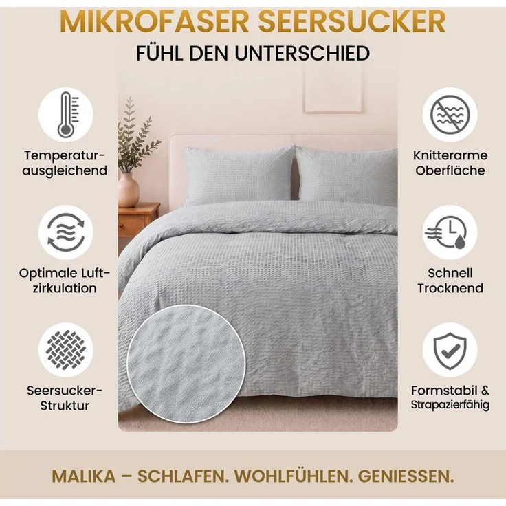 Malika Bettwäsche aus 100 % Mikrofaser, 1x 200x200 + 2x 80x80 cm, Seersucker, Hellgrau, Seersucker, 3 teilig, Für Allergiker geeignet, pflegeleicht, angenehm weicher Stoff – Bild 4