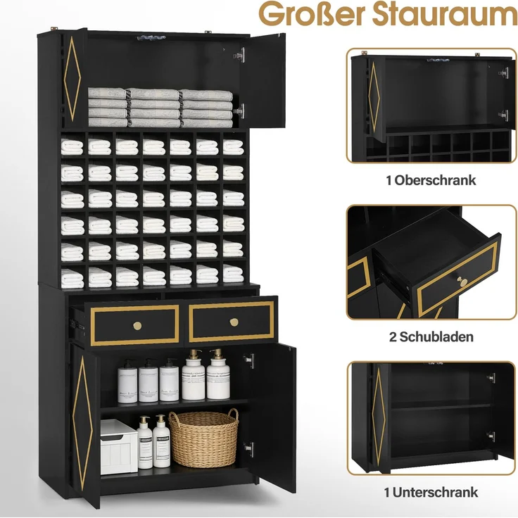 BarberPub Handtuchschrank mit 2 Schubladen, 42 Offenen Fächern & 4 Schränken, Badezimmerschrank Schwarz, Hochschrank Aufbewahrungsschrank Holz für Friseursalon, Schönheitssalon 40x80x180 cm, R6194 – Bild 5