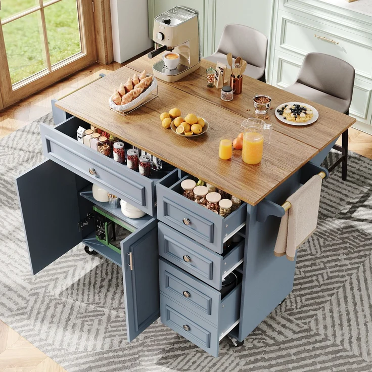 Abrihome Kücheninsel mit Stauraum 110x45-75x92 cm, Blau – Bild 1