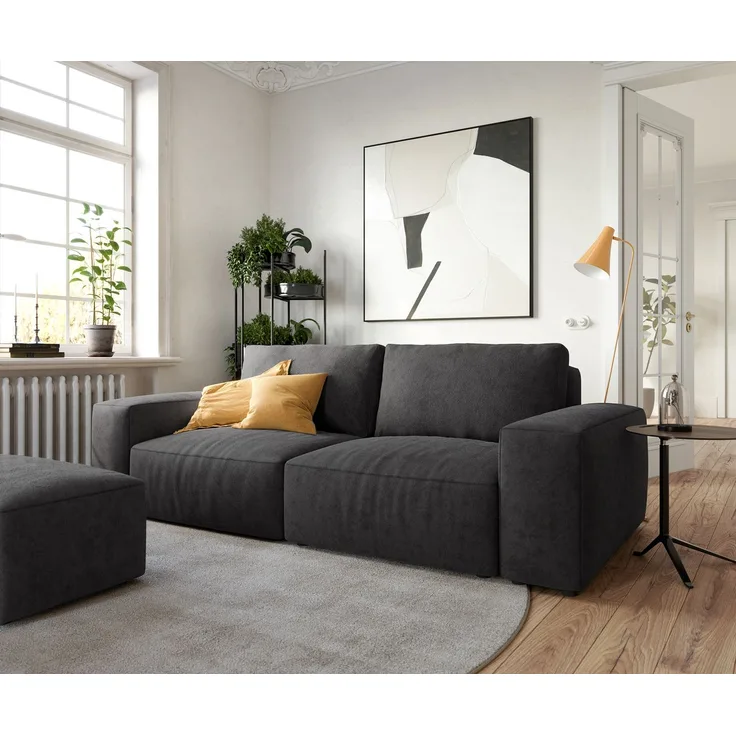 Big-Sofa Lanzo 230x95 cm Mikrofaser Schwarz mit Hocker