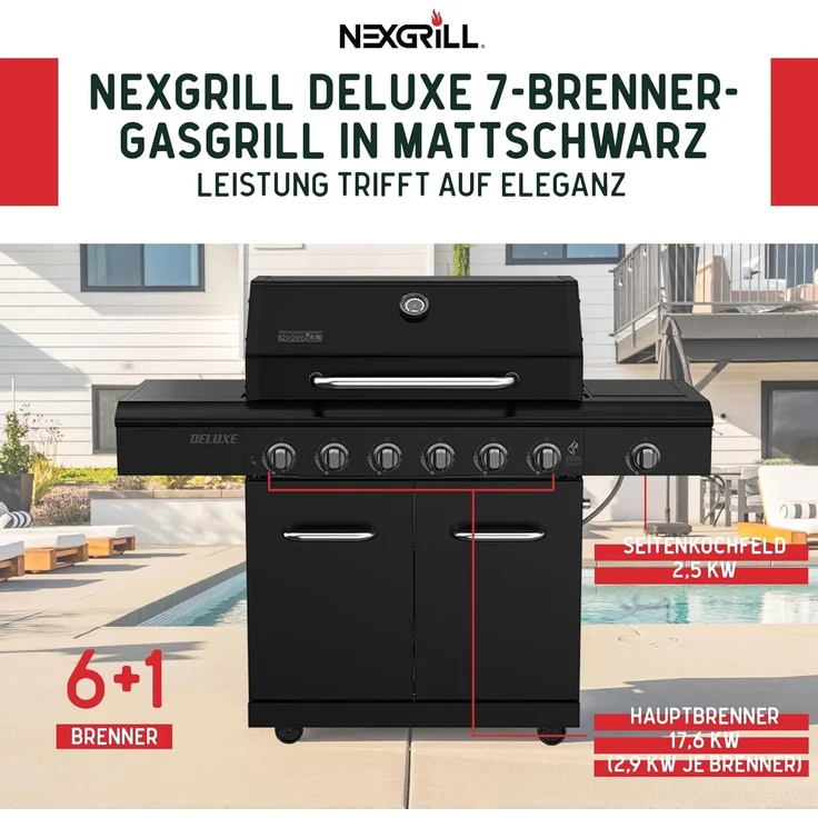 Nexgrill Gasgrill "Deluxe" mit Seitenkochfeld, schwarz,6+1 Brenner – Bild 2