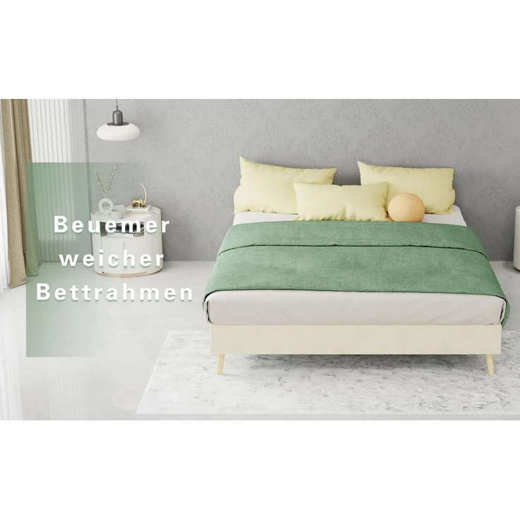 Novelux Bettgestell 140x200 Beige – Modernes Plattformbett aus Samt, Holzrahmen, Ohne Kopfteil, Low-Profile Design – Bild 8