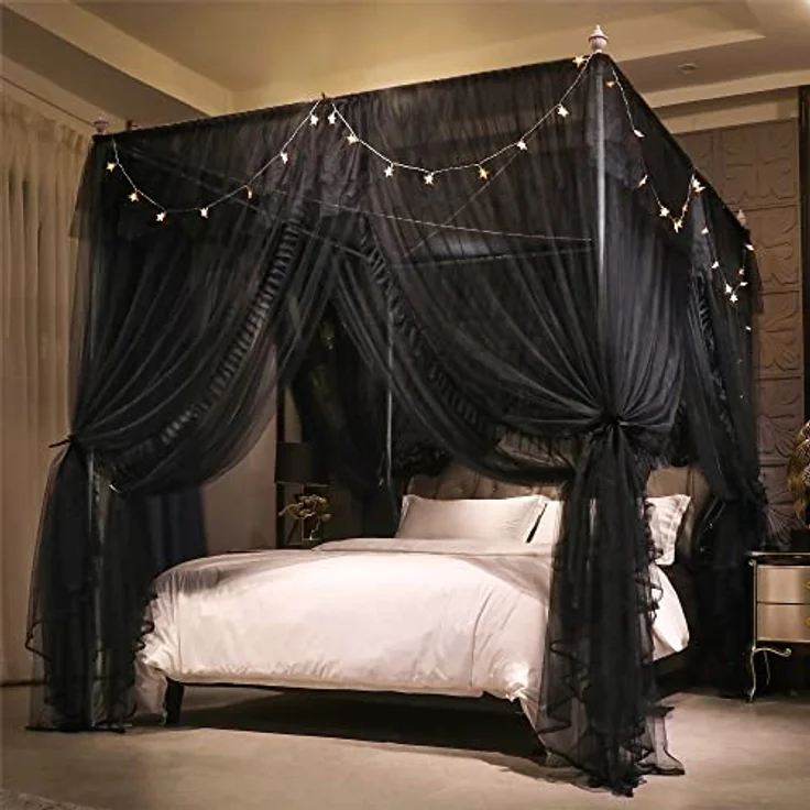 VETHIN 4 Ecken Pfosten Rüschen Prinzessin Bett Baldachin Vorhang, doppellagig, gemütlich, schwarz, 162.6 cm Bx208.3 cm Lx208.3 cm H/Q ueen – Bild 3