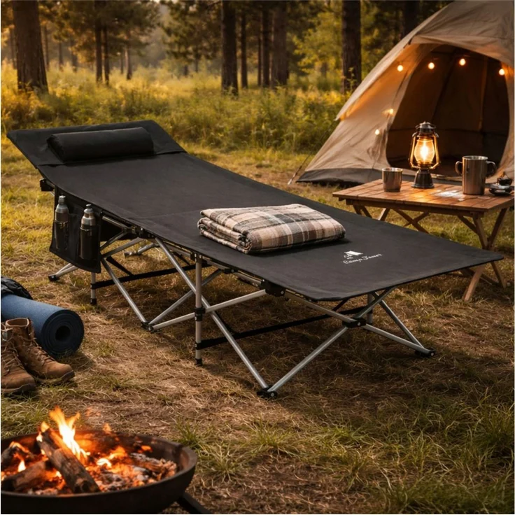 CampFeuer Campingliege Campingbett mit Kopfkissen, Schwarz, bis 150 kg, 187 x 67 x 48 cm – Bild 2