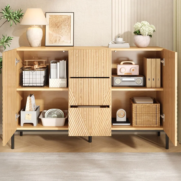 Merax Sideboard mit geometrischer Struktur, Doppeltüren, Mittlere Schublade, Viel Stauraum, Multifunktionaler Aufbewahrungsschrank für Wohn-/Esszimmer – Bild 6