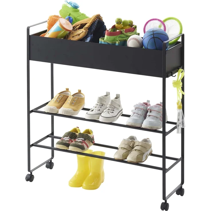 Yamazaki 5279 TOWER Aufbewahrungswagen mit Korb, schwarz, Stahl/Magnet Nylon, minimalistisch, 74.5(without casters：70) x 22x74.5 cm