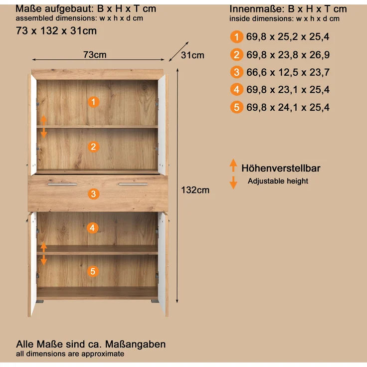 Trendteam 'Amanda' Midischrank, Holz, 132 x 31 x 73 cm, Asteiche – Bild 14