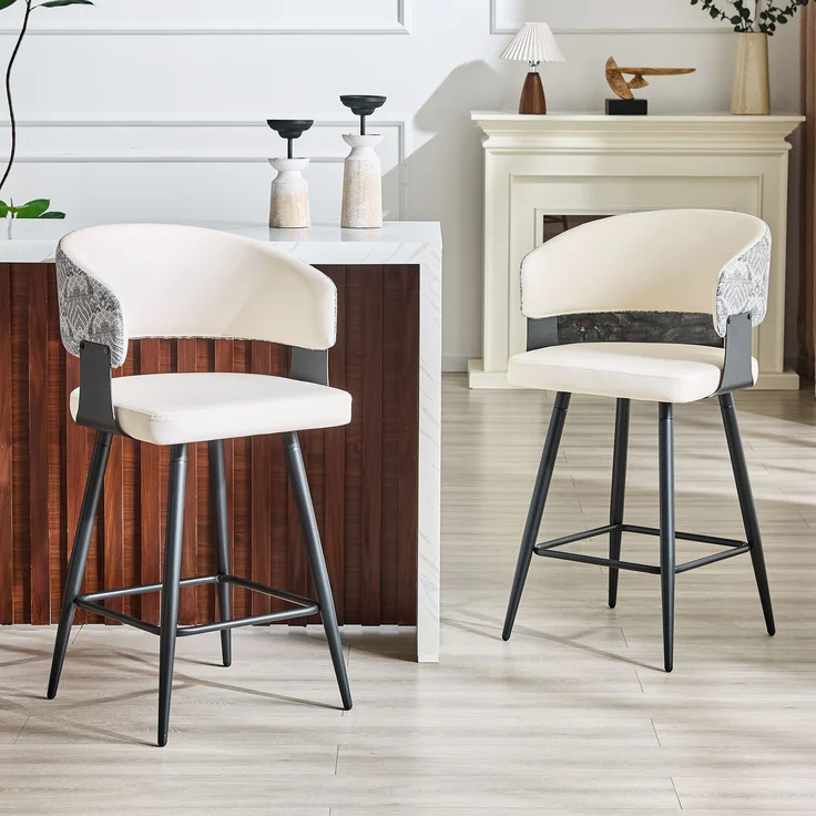 2er-Set Barhocker mit Rückenlehne, moderner Küchenhocker, Kunstleder Sitz, Metallgestell, stabile Fußstütze, ergonomisches Design, nur Stühle, ohne Tisch--Weiß1--47x46.5x94.5cm--YOUDENOVA – Bild 2