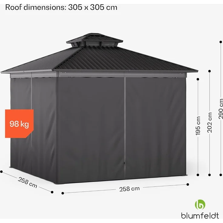 Blumfeldt Pavillon 3x3, Gartenpavillon Wasserdicht Stabil, Aluminiumrahmen & Verzinktes Stahldach, Inkl. Vorhänge & Moskitonetz, UV-Schutz, Wetterfest, Schwarz – Bild 8