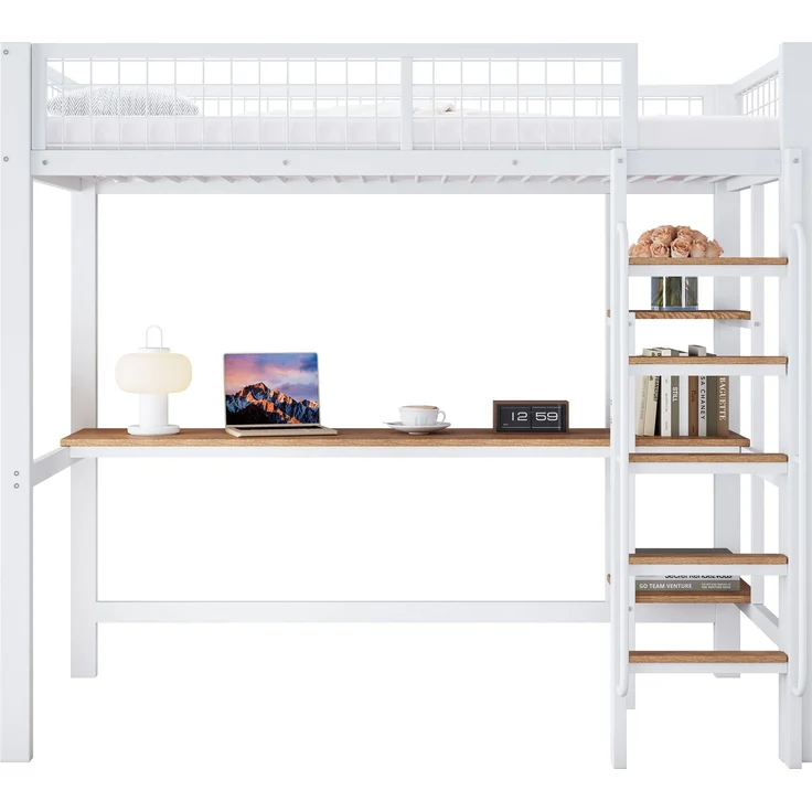 Etagenbett 90×200 cm mit Rausfallschutz, Schreibtisch und Regalen, Weiß/Natur, ohne Matratze – Bild 7
