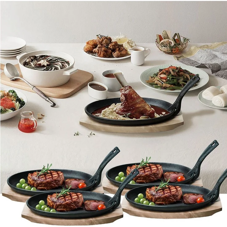 Casativo Servierpfanne Profi Gusseisen Servierpfanne bis 230°C mit Holzuntersetzer 820g, Gusseisen (4-tlg, 1er-Set/2er-Set/4er-Set), abnehmbarer Griff, backofenfest, 24 x 14 x 2,2 cm, haltbar – Bild 1