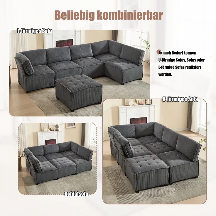 LVHOM Modulares Sofa U Form 308 x 82 x 154 cm, 6-Sitzer mit Schlaffunktion, Modular Cord Ecksofa, umwandelbares Schaumstoffsofa, Sofagarnitur, Schwarz – Bild 2