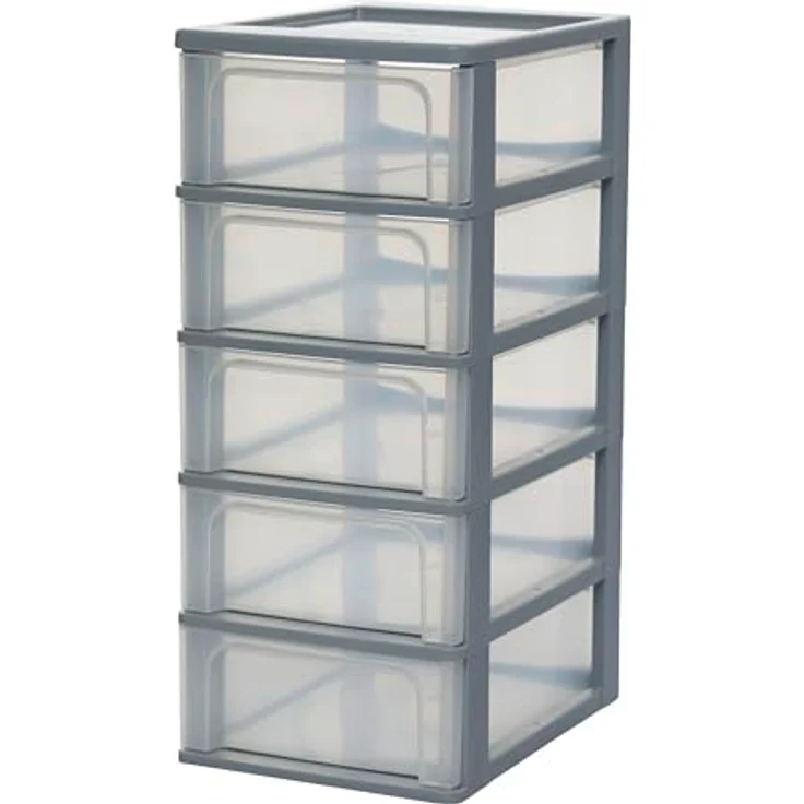 Iris Ohyama, Kunststoff Schubladenbox mit 5 flachen Schubladen, Grau, Easy-Pull-System, A4, A5 & A6 Format, Schreibtisch Organizer für Büro, Schule, Schreibwaren, BPA-frei, Schubladenschrank, OCH-2005 – Bild 1