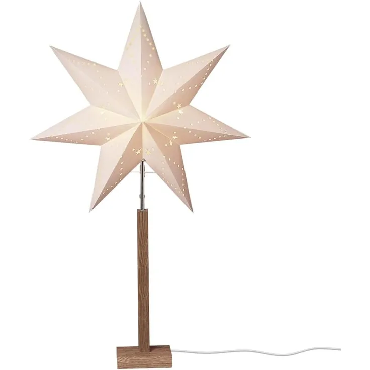 BUVTEC LED Standleuchte Stern Karo mit Holzfuß aus FSC®-Akazienholz – Weißer Papierstern 43 x 70 cm – Weihnachtsstern für Fenster, Wohnzimmer & Weihnachtsdekoration
