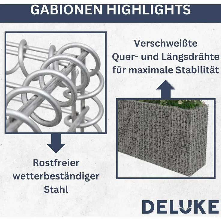 DELUKE® Gabionen Hochbeet ROON aus Stahl 180×50×50cm Steinkorb Gabionengitter Ziergabione Steingabione Drahtkorb befüllbar – Bild 3