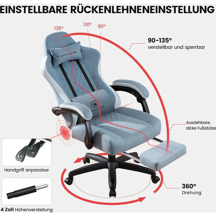 GTPLAYER Gaming Stuhl Stoff, Gaming Sessel mit Taschenfederkissen, ergonomischer Drehstuhl, Gamer Stuhl mit Fußstütze150 kg Belastbarkeit, hellblau – Bild 3