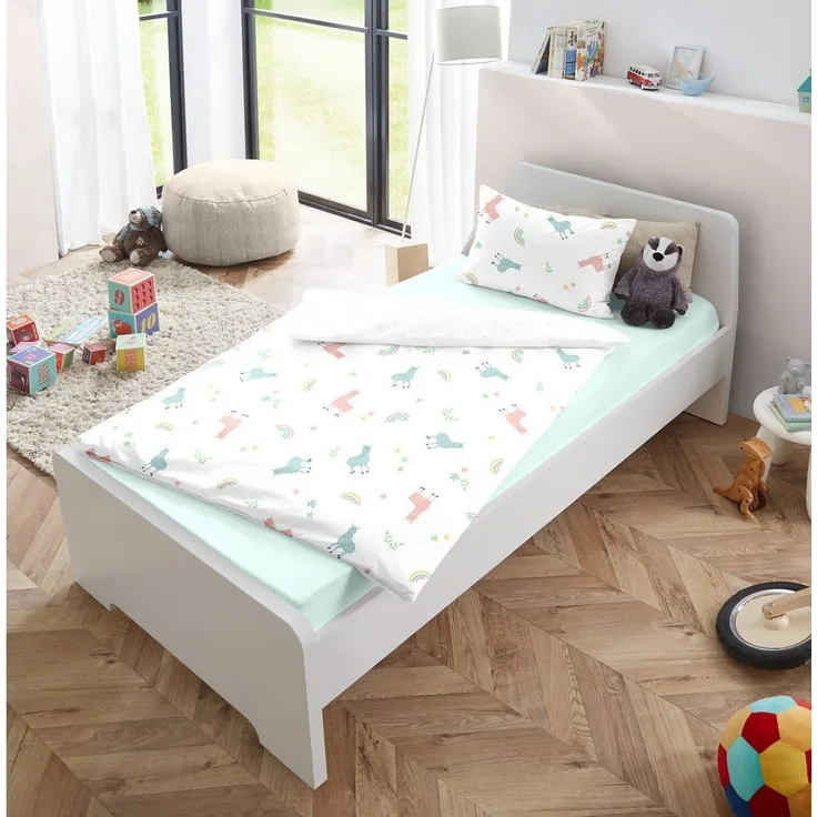 soma Babybettwäsche Perkal Baby Wende Bettwäsche 100x135 Alpaka Lama Regenbogen weiß bunt, Perkal, 2 teilig, Babybettwäsche +Spannbettlaken Baumwolle winter weihnachtsbettwäsche