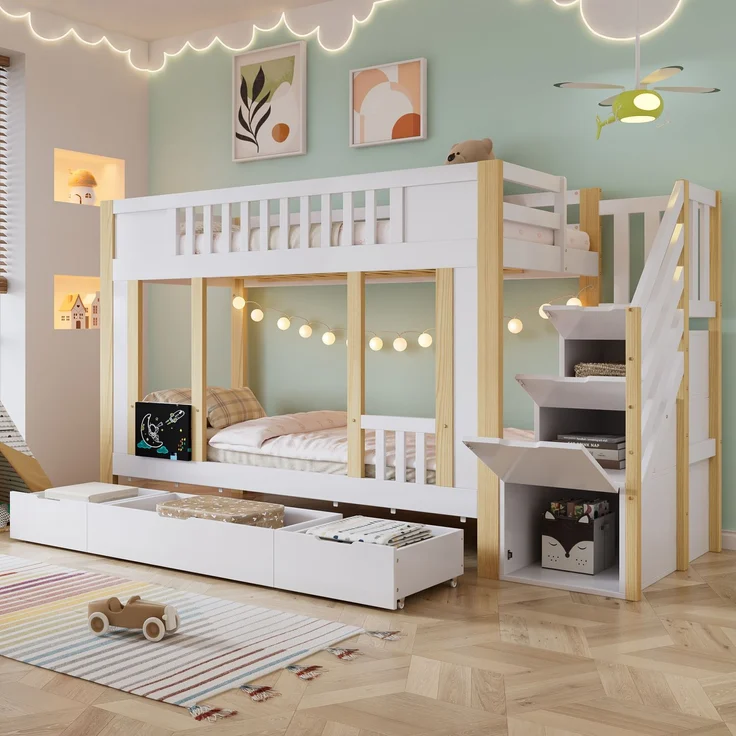 Etagenbett 90×200 cm platzsparendes Kinderbett mit Treppenschrank & 3 Schubladen auf Rollen,kleine Kritzeltafel,Weiß & Natur – Bild 1