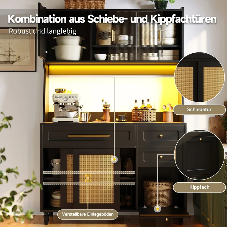 Küchenschrank, Hochschrank,Vitrinenschrank, Buffetschrank mit Verstellbaren Ablagen, Esszimmerschrank mit 3 Schubladen,Sideboard mit LED-Beleuchtung, PE-rattan, schwarz--Schwarz--120x45x195.5cm--YOUDENOVA – Bild 8
