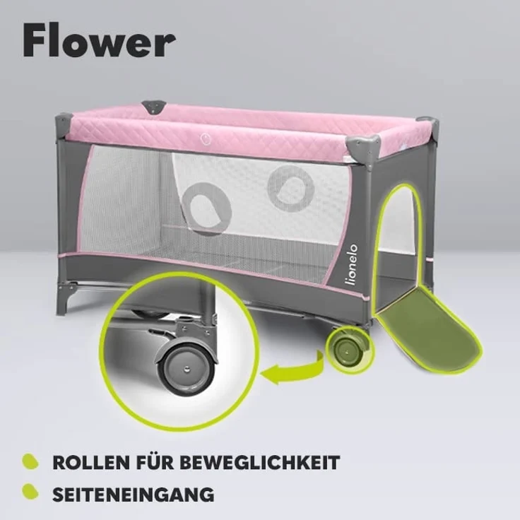 Lionelo Flower 4in1 Reisebett Baby mit Seiteneingang, Wickeltisch, Zwei Matratzenaufhängungshöhen, Spielzeugbogen mit Spielfiguren, Rollen, Tragetasche – Bild 6