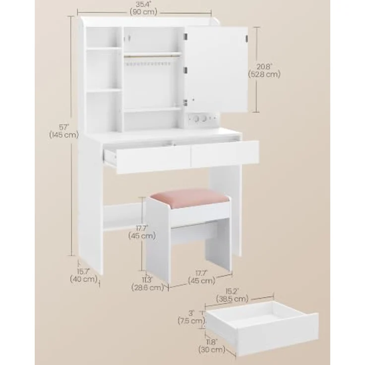 VASAGLE Schminktisch mit Beleuchtung und Hocker Set | Moderner Kosmetiktisch mit Steckdosen, Organizer und 3 Lichtfarben, für Schlafzimmer, KAILYN Kollektion RDT143WB01-02 – Bild 3
