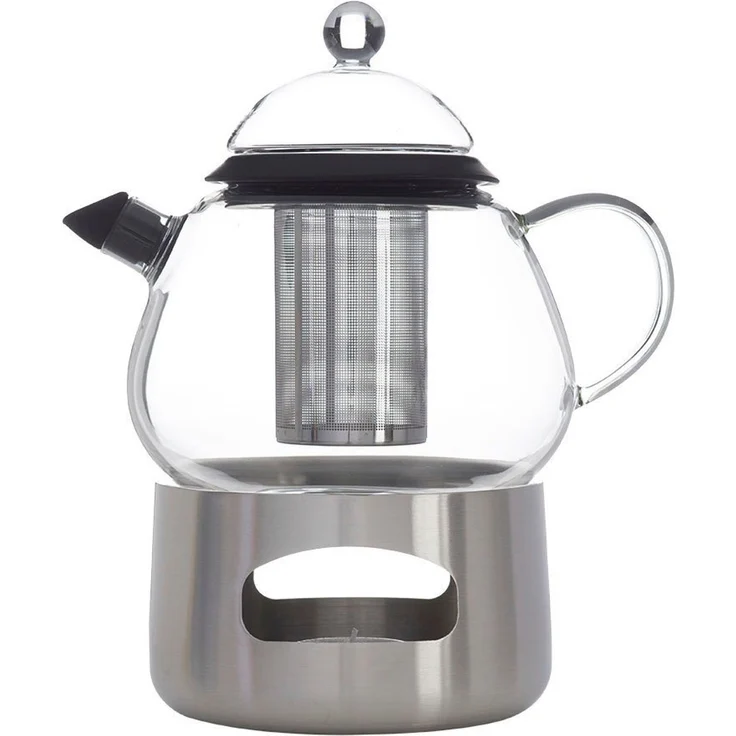 SABATIER International Teekanne Brasserie, 1,2 l, (Set, 4-St, 1x Teekanne, 1x Edelstahl Sieb, 1x Glasdeckel, 1x Edelstahl Rechaud), 1,2 L Fassungsvermögen, abnehmbares Sieb, inkl. Rechaud aus Edelstahl