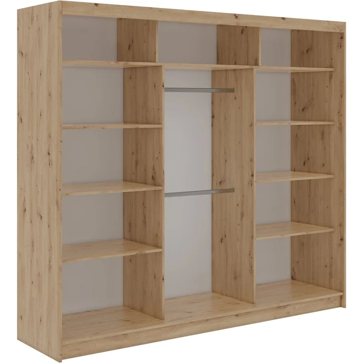 Kleiderschrank LAOS 240 cm Schiebetürenschrank Eiche Artisan mit Akustikpaneel-Design (Lamellen) Schwarz & Spiegel, Inkl. Innenausstattung – Bild 5