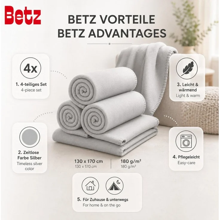 Wohndecke Fleecedecke 4 Stück 130x170 cm 180g/m² Flauschige Sofadecke, Betz – Bild 2