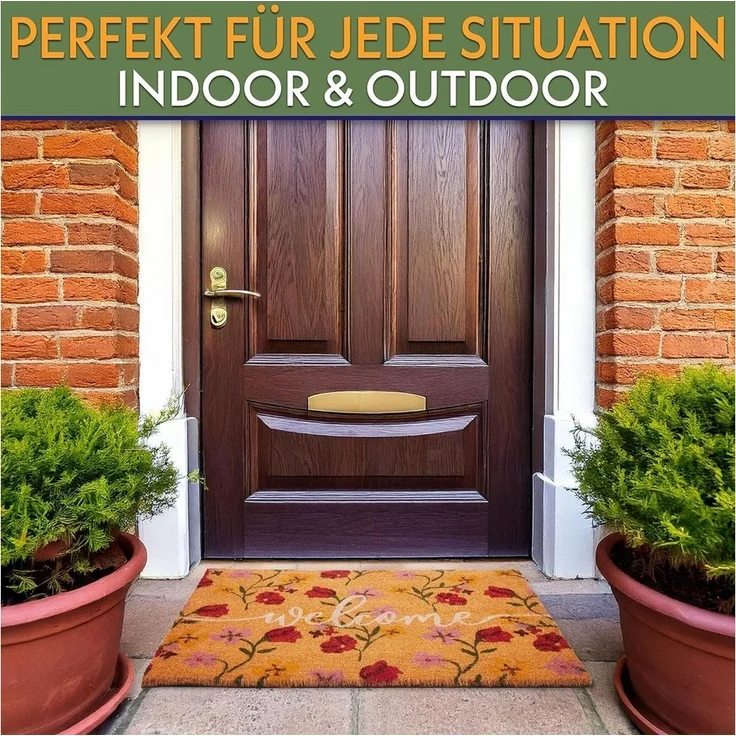 BRUBAKER Fußmatte Welcome mit Blumen Rosa und Rot - Schmutzfangmatte, Rechteckig, Höhe: 15 mm, Fußmatte für Außen und Innen - Wetterfest und Rutschfest - 45 x 75 cm – Bild 2