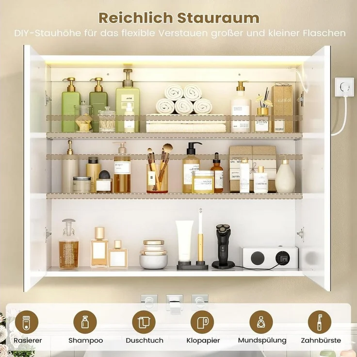MSMASK Badezimmerspiegelschrank mit LED-Beleuchtung und Steckdose, Lichtschalter, 3 Farbtemperaturen (1-St) 3-stufig höhenverstellbare Ablage – Bild 4
