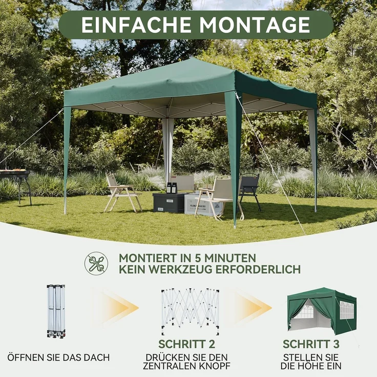 Aoxun Pop Up Pavillon 3x3 Wasserdicht mit 4 Seitenwänden, Metallrahmen-Schutzzelt, Höhe Verstellbar, 3mx3m Faltpavillon mit Tragetasche für Camping Party, Grün – Bild 7