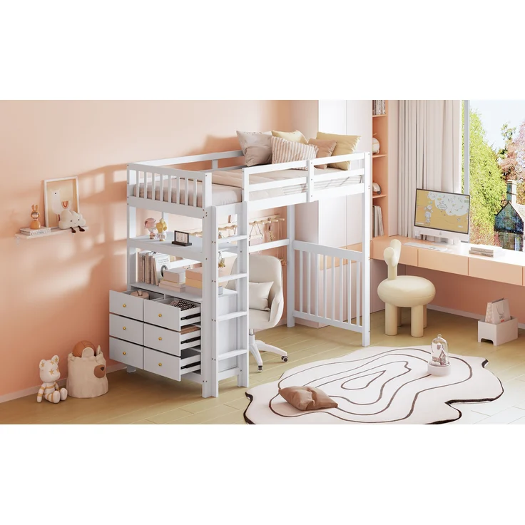 Weißes Hochbett 90x200 cm Mit 6 Schubladen Und Sicherheitsleiter Kinderhochbett Mit Aufbewahrungsschrank Massivkiefer Etagenbett Stauraum Lösung Sicherheitsbett Jugendzimmer Regal Unterbett – Bild 5