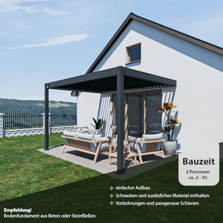 Weide Deluxe Wand-Pavillon | Voll-Alu-Pavillon | 3x4 M | Lamellendach anthrazit | Wall Pergola – Bild 7