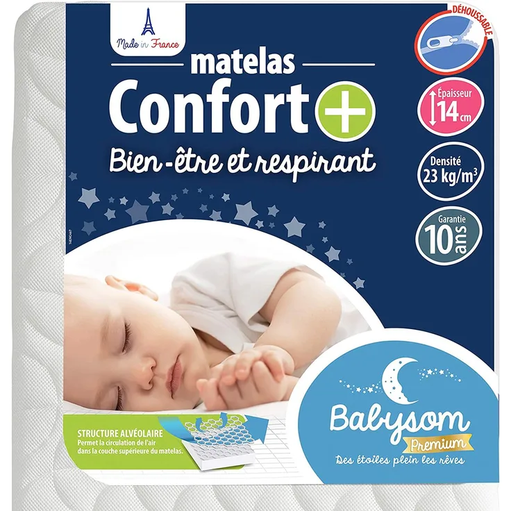 Babysom - Babymatratze Komfort + | Kindermatratze 60x120 cm - Atmungsaktiv - Bezug abziehbar - Luftdurchlässiger Kaltschaum - Geprüft - Höhe 14cm