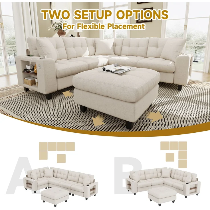 ZUBALIYA Modulare Wohnlandschaft, mit Stauraum, mit USB-C-Anschluss, modular kombinierbar, mit Getränkehaltern, mit Hocker, H 83 × T 216.5 × B 216.5 cm, Beige, Chenille – Bild 8