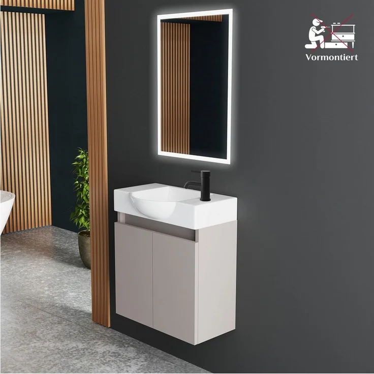 Alpenberger Badmöbel-Set Gäste WC Waschbecken mit Unterschrank 55 cm Breit, (Kleiner Stauraum Schrank, Moderne Waschplätze), Waschtisch mit Unterschrank Light Coffee – Bild 2