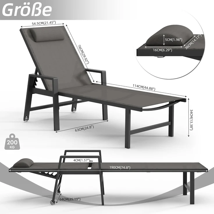 Mucola Sonnenliege Aluminium Gartenliege 200KG & Rollen wetterfest Relaxliege Anthrazit Teslin Klappliege Camping – Bild 3