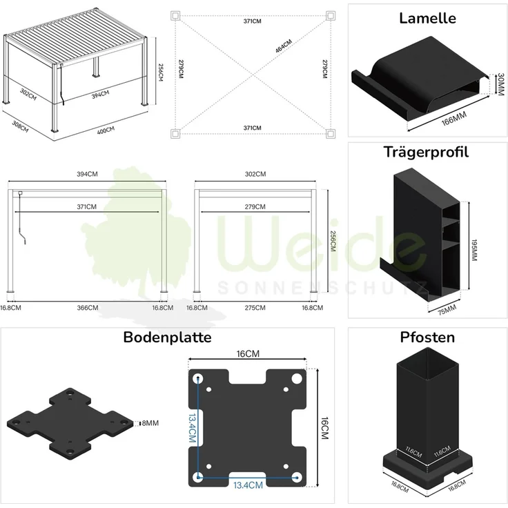 Weide Deluxe | Pergola Voll Aluminium freistehend | 3 x 4 M | Lamellendach weiß – Bild 8